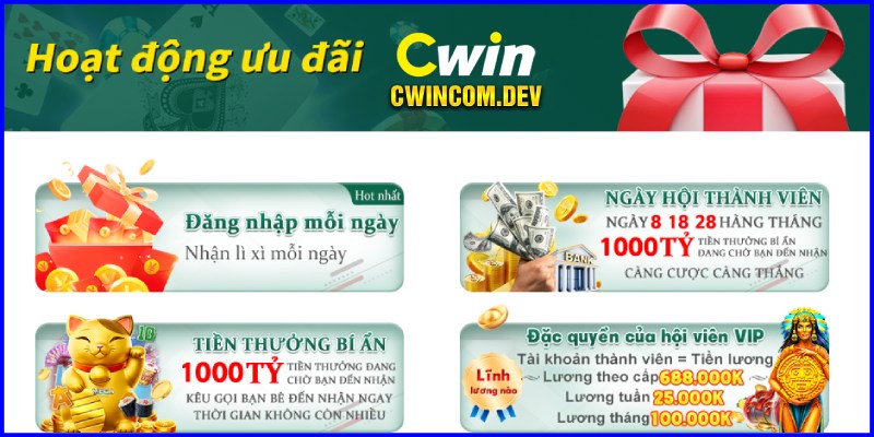 Cwin triển khai hàng loạt mã thưởng với số tiền tặng khủng